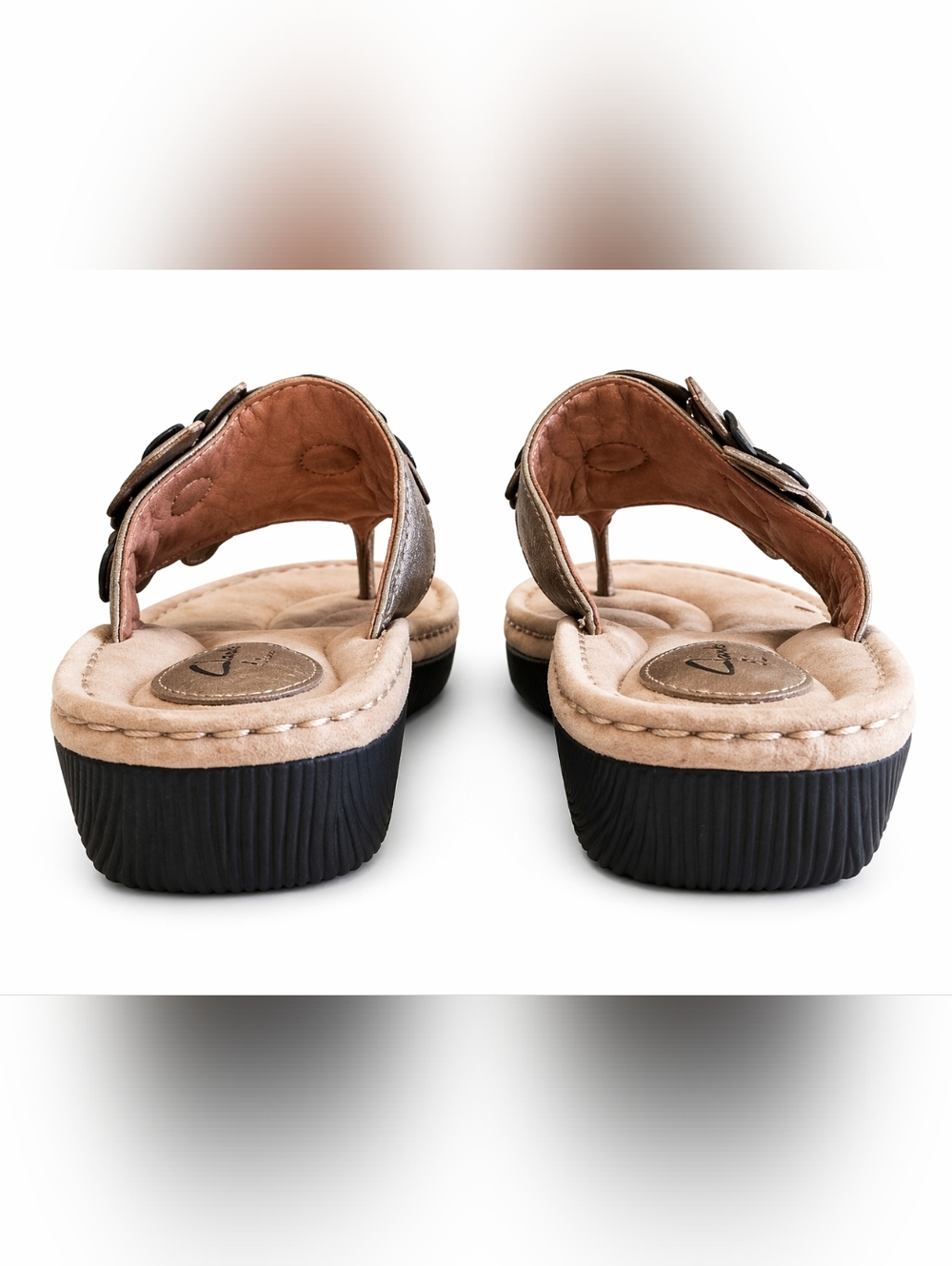 Clarks Artisan Floral Leather Wedge l Sandals Sz.8.5 Taupe Comfort Boho Casual - Picture 8 of 16